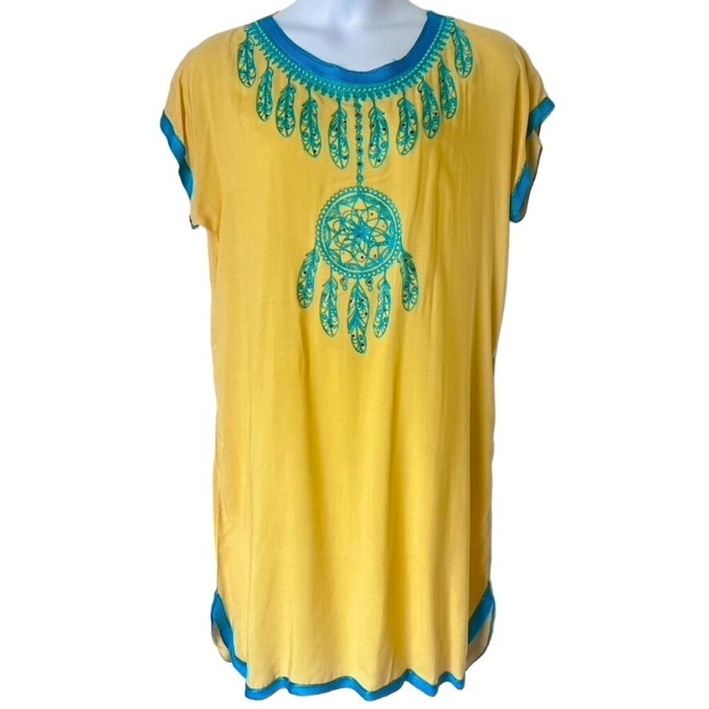Hand Embroidered Yellow Tunisian Jebba Kaftan Dress With Blue Khomsa Size L/XL